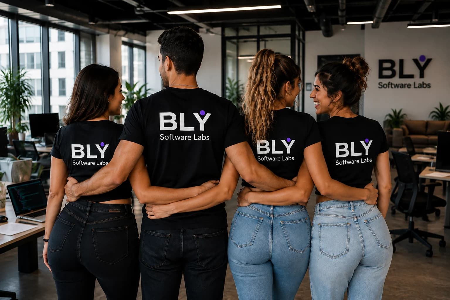 BLY Software Labs team members in branded shirts inside the office